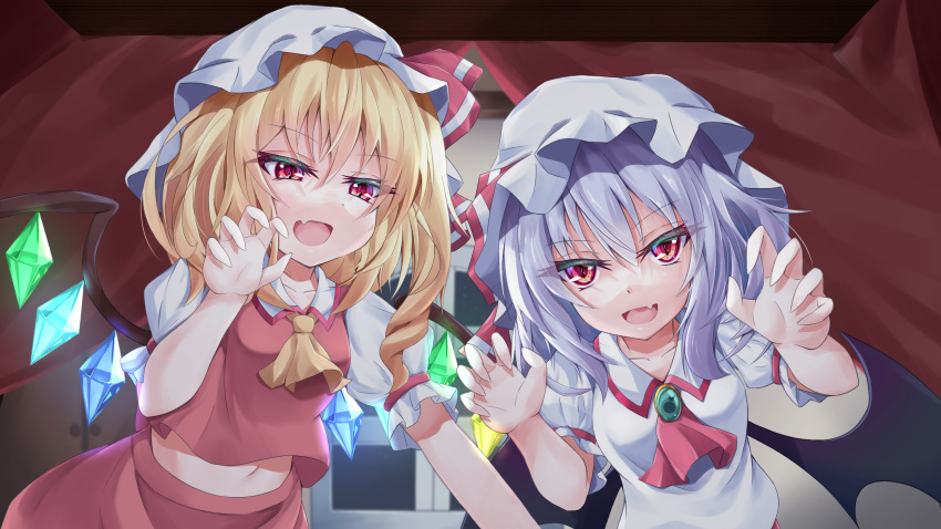 2girls ascot bangs bat_wings blonde_hair blue_hair bow brooch claw_pose closet commentary_request crystal eyebrows_visible_through_hair fang flandre_scarlet from_below hat highres indoors jewelry leaning_forward looking_at_viewer midriff_peek mob_cap multiple_girls navel night open_mouth red_bow red_curtains red_eyes red_ribbon remilia_scarlet ribbon s_vileblood short_hair short_sleeves siblings sisters skin_fang slit_pupils smile touhou upper_body vampire window wings