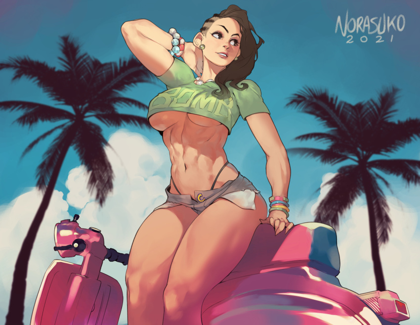 1girl abs artist_name bead_bracelet beads black_eyes black_hair blue_sky bracelet breasts clouds commentary dated day earrings english_commentary green_shirt grey_shorts ground_vehicle highres jewelry laura_matsuda looking_to_the_side medium_breasts motor_vehicle motorcycle muscular muscular_female navel norasuko outdoors palm_tree shirt short_shorts short_sleeves shorts sitting sky smile solo street_fighter street_fighter_v thighs toned tree under_boob