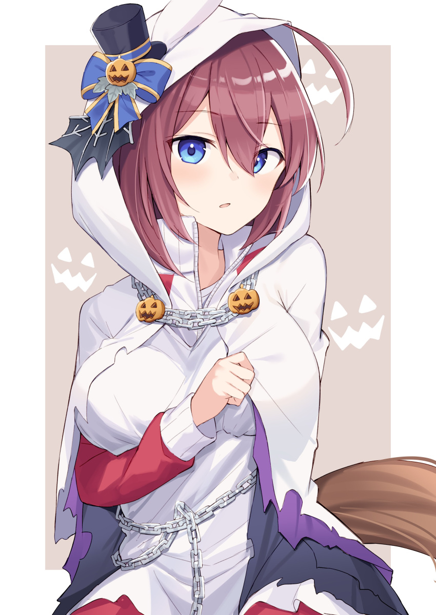 1girl absurdres ahoge animal_ears black_headwear blue_bow blue_ribbon blush bow breasts chain dress food-themed_hair_ornament hair_ornament halloween hat hat_bow highres hood hood_up horse_ears horse_girl horse_tail large_breasts long_sleeves looking_at_viewer mihono_bourbon_(umamusume) mini_hat mini_top_hat pumpkin_hair_ornament red_sleeves ribbon solo tail top_hat umamusume white_dress white_hood yukarite