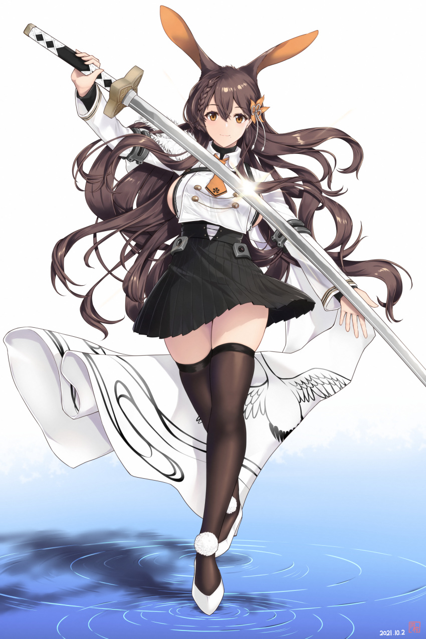 1girl absurdres animal_ears azur_lane bangs black_legwear black_skirt braid breasts chikuma_(azur_lane) commentary_request enchuu_kakiemon eyebrows_visible_through_hair full_body hair_ornament high_heels highres holding holding_sword holding_weapon katana large_breasts long_hair long_sleeves looking_at_viewer mole mole_under_mouth pom_pom_(clothes) rabbit_ears shadow shiny shiny_hair simple_background skirt smile solo sword thigh-highs tied_hair water weapon zettai_ryouiki