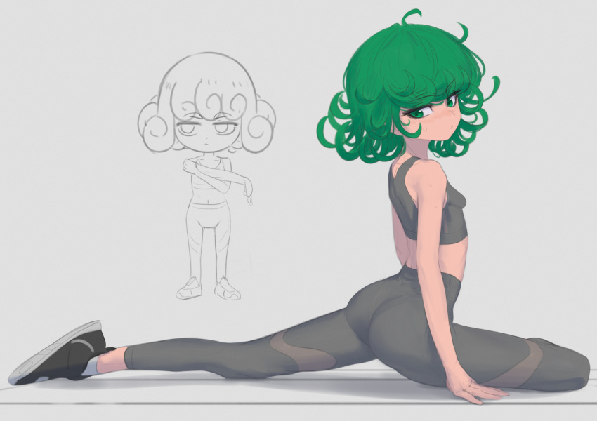 1girl absurdres alternate_costume ass closed_mouth curly_hair daniel_deves exercise flexible flipped_hair green_eyes green_hair grey_background high-waist_pants highres midriff one-punch_man pants shoes short_hair simple_background sneakers socks solo sports_bra sportswear stomach stretch sweat tank_top tatsumaki yoga_pants
