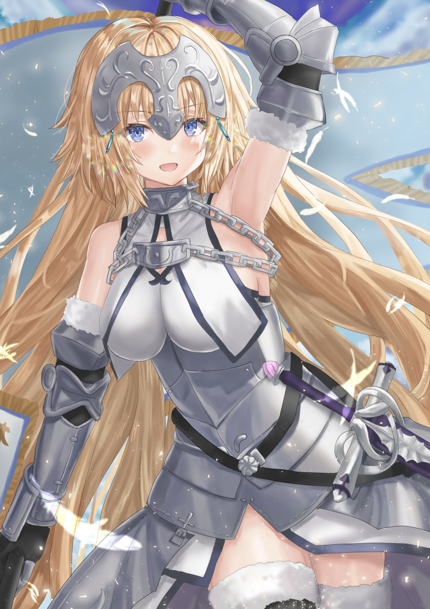 1girl :d absurdres arm_guards arm_up armor armored_dress armpits banner bare_shoulders black_gloves blonde_hair blue_eyes blush breasts chain cowboy_shot dress elbow_gloves fate/grand_order fate_(series) feathers fur-trimmed_gloves fur-trimmed_legwear fur_trim gloves highres impossible_clothes impossible_dress jeanne_d'arc_(fate) jeanne_d'arc_(fate/apocrypha) large_breasts light_particles long_hair open_mouth revision sakurasakimasu4 sheath sheathed signature sleeveless sleeveless_dress smile solo sword thigh-highs very_long_hair weapon white_dress white_legwear