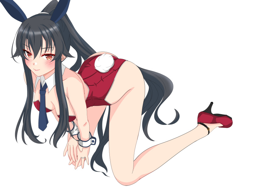 1girl absurdres animal_ears black_hair blush boots breasts closed_mouth collar commentary eyebrows_visible_through_hair fake_animal_ears fake_tail hair_between_eyes high_heel_boots high_heels highres kantai_collection leotard long_hair medium_breasts necktie nitamako_(sakamalh) playboy_bunny ponytail rabbit_ears red_eyes red_footwear red_leotard scrunchie sidelocks simple_background smile solo tail white_background white_neckwear wrist_cuffs yahagi_(kancolle)