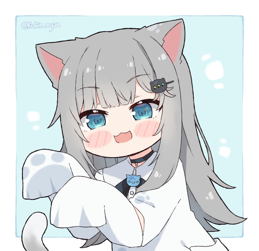 1girl :3 :d animal_ears bangs blue_eyes blunt_bangs blush_stickers cat_ears cat_girl cat_tail chibi collared_shirt commentary dress_shirt english_commentary grey_hair hair_ornament hairclip indie_virtual_youtuber kukie-nyan long_hair nacho_(amashiro_natsuki) open_mouth original oversized_clothes oversized_shirt paw_print shirt sleeves_past_fingers sleeves_past_wrists smile solo tail twitter_username upper_body virtual_youtuber white_shirt