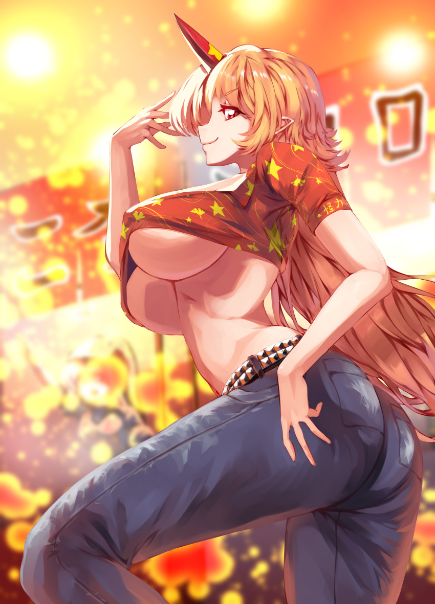 1girl absurdres ass bangs blonde_hair blurry blurry_background breasts closed_mouth colored_eyelashes cowboy_shot crop_top dancing denim eyebrows_visible_through_hair festival hand_up highres hip_focus horns hoshiguma_yuugi huge_breasts leaf_print light_particles lights long_hair looking_at_viewer looking_to_the_side pants parted_bangs pocket pointy_ears red_eyes red_horns red_shirt shiny shiny_clothes shirt sidelocks single_horn smile solo spiked_belt star_(symbol) star_print stomach sunyup touhou translation_request under_boob very_long_hair