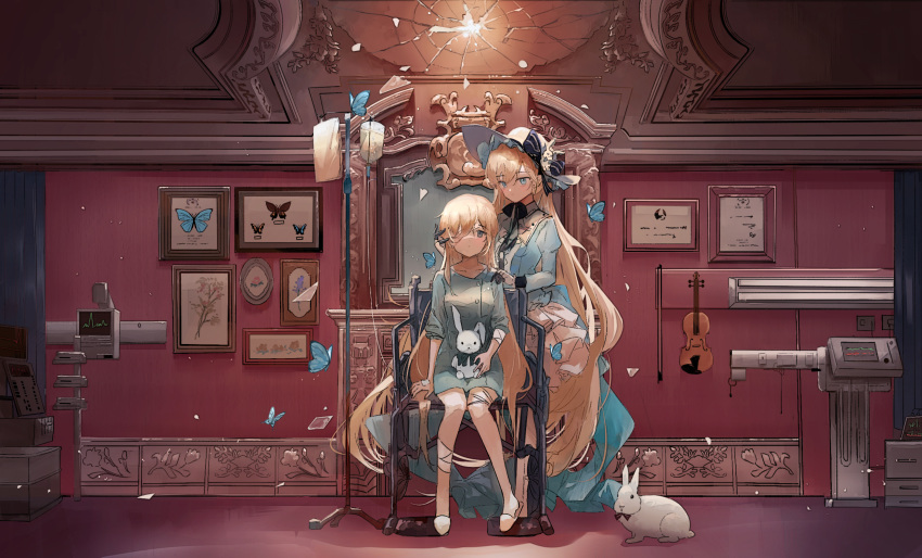 2girls alice_(arcaea) animal arcaea axleaki bandage_over_one_eye bandages bangs black_neckwear blue_butterfly blue_dress blue_eyes bow bow_(instrument) bowtie breasts bug butterfly chair closed_mouth collared_capelet commentary crack dress dual_persona eyebrows_visible_through_hair full_body gloves hat hat_bow hat_ornament highres indoors instrument intravenous_drip juliet_sleeves knees_together_feet_apart long_hair long_sleeves looking_at_viewer multiple_girls puffy_sleeves rabbit sitting slippers small_breasts stuffed_animal stuffed_bunny stuffed_toy swept_bangs very_long_hair violin white_footwear white_gloves white_headwear
