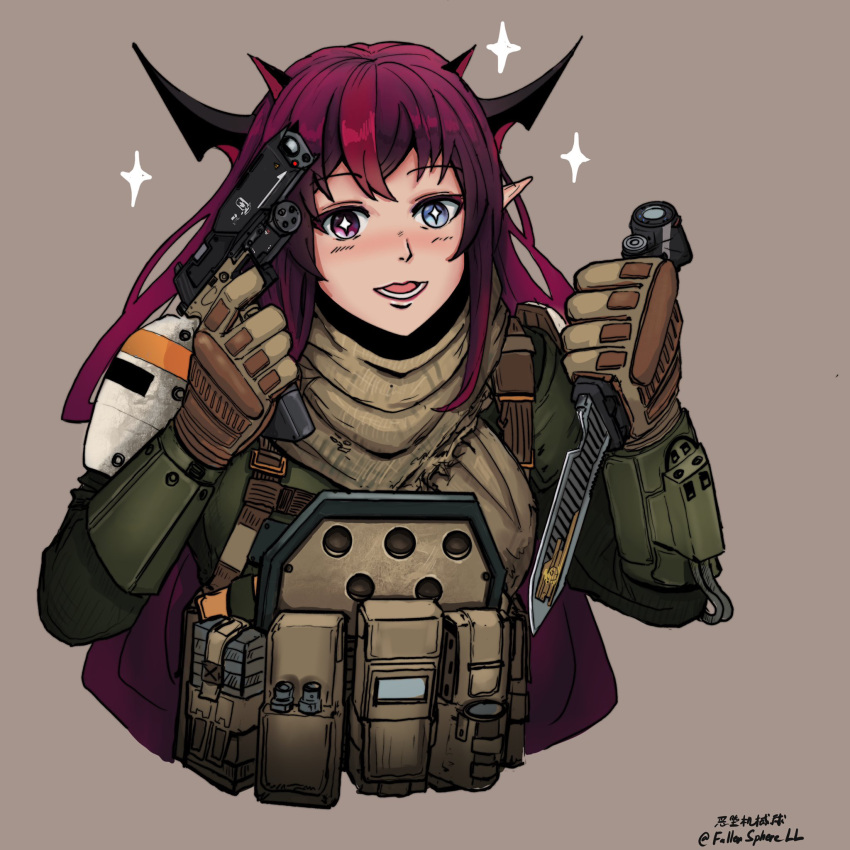 1girl alternate_costume combat_knife dual_wielding gun guns_akimbo_(movie) handgun highres holding hololive hololive_english irys_(hololive) knife magazine_(weapon) military military_uniform open_mouth paulyuprimary pistol redhead solo tagme titanfall titanfall_(series) titanfall_2 uniform weapon