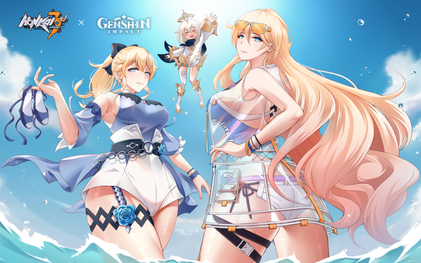 &gt;_&lt; 3girls :d absurdres back bangs beach bianka_durandal_ataegina bianka_durandal_ataegina_(valkyrie_gloria) black_neckwear blonde_hair blue_eyes blue_shirt blue_sky boots breasts closed_eyes closed_mouth clouds cloudy_sky eyewear_on_head floating full_body genshin_impact hair_between_eyes hair_ribbon highres holding holding_clothes holding_footwear honkai_(series) honkai_impact_3rd jacket jean_(genshin_impact) kamin789 long_sleeves looking_at_viewer looking_back mihoyo_technology_(shanghai)_co._ltd. multiple_girls ocean open_mouth outdoors paimon_(genshin_impact) ponytail ribbon scarf see-through see-through_jacket shirt short_sleeves shorts sideboob sky sleeveless sleeveless_jacket sleeveless_shirt smile summer summer_uniform sunglasses swimsuit wading waving white_footwear white_hair white_shorts