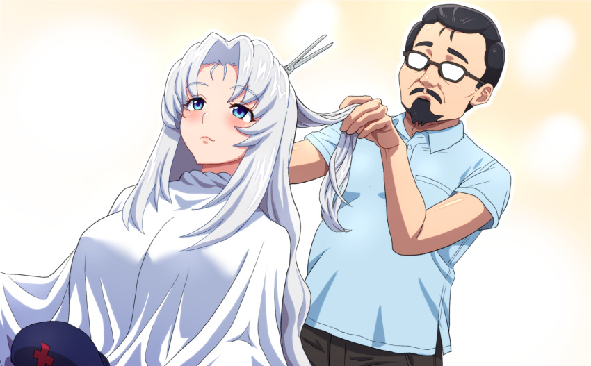 1boy 1girl beard black_hair blue_eyes blue_shirt buttons character_request collared_shirt commentary_request cutting_hair eyebrows_visible_through_hair facial_hair glasses highres kezune_(i-_-i) long_hair mustache opaque_glasses pants scissors shirt short_hair short_sleeves touhou white_hair yagokoro_eirin