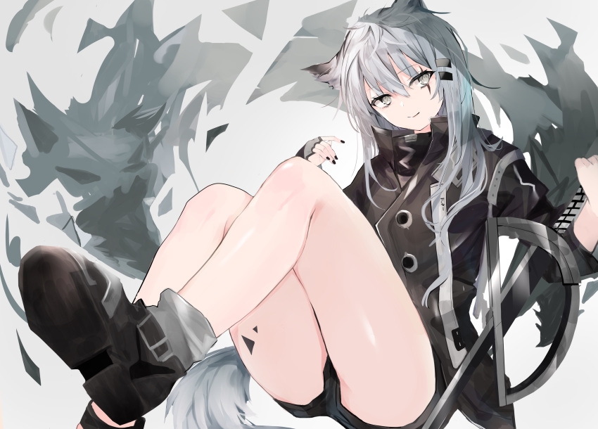1girl absurdres animal_ears arknights black_footwear black_gloves black_jacket black_nails black_shorts boots commentary elite_ii_(arknights) fingerless_gloves foot_out_of_frame gloves grey_eyes grey_hair hair_between_eyes hair_ornament hairclip highres hiiro60 jacket knees_up lappland_(arknights) long_hair looking_at_viewer originium_arts_(arknights) oripathy_lesion_(arknights) scar scar_across_eye shorts smile solo sword symbol-only_commentary tail thighs weapon white_background wolf_ears wolf_tail