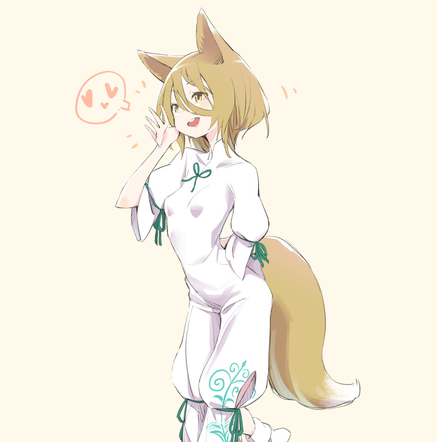 1girl absurdres animal_ear_fluff animal_ears arm_behind_back bangs blonde_hair blush breasts commentary_request cropped_legs eyebrows_visible_through_hair fox_ears fox_tail green_ribbon hair_between_eyes heart highres jumpsuit kawayabug kudamaki_tsukasa looking_to_the_side medium_breasts open_mouth ribbon simple_background slit_pupils small_breasts smile solo spoken_heart tail touhou upper_body upper_teeth white_jumpsuit white_sleeves yellow_background yellow_eyes