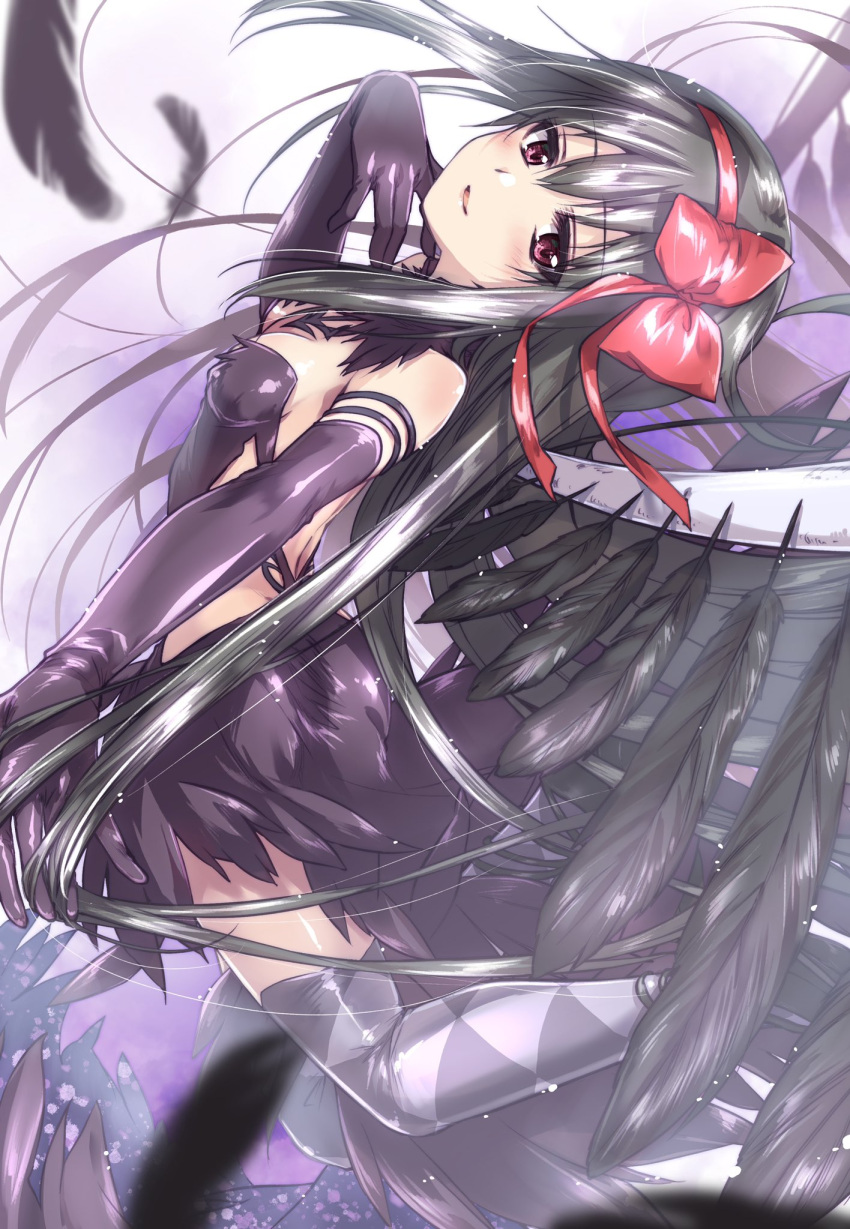 1girl akemi_homura akuma_homura arched_back argyle argyle_legwear bangs black_dress black_feathers black_gloves black_hair blurry blurry_foreground bow breasts commentary commission depth_of_field dress elbow_gloves gloves grey_legwear hair_bow hair_ribbon highres kuroi_mimei long_hair looking_at_viewer looking_back mahou_shoujo_madoka_magica mahou_shoujo_madoka_magica_movie parted_lips red_bow red_ribbon ribbon short_dress skeb_commission small_breasts smile solo standing thigh-highs violet_eyes