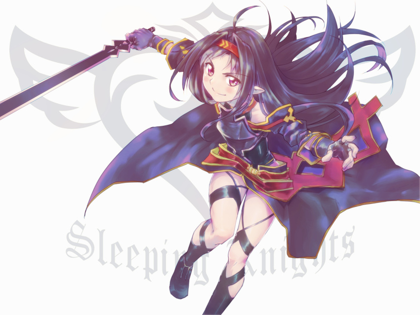 1girl absurdres ahoge armor bangs breastplate closed_mouth detached_sleeves eyebrows_visible_through_hair fingerless_gloves gloves hairband highres holding holding_sword holding_weapon leotard long_hair looking_at_viewer parted_bangs pointy_ears purple_hair red_eyes red_hairband smile solo sword sword_art_online very_long_hair weapon winterkokofur yuuki_(sao)