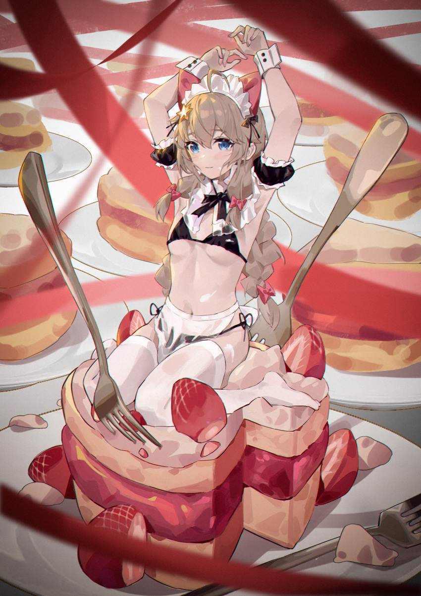 1girl a-soul absurdres ahoge armpits arms_up bangs bigroll bikini black_bikini blue_eyes blurry blush bow bowtie braid breasts brown_hair cake chinese_commentary closed_mouth commentary detached_sleeves diana_(a-soul) food fork frilled_sleeves frills fruit full_body hair_between_eyes hair_bow hair_ornament highres long_hair maid maid_bikini maid_headdress minigirl nail_polish navel no_shoes pink_nails plate red_ribbon ribbon see-through sitting small_breasts solo strawberry swimsuit thigh-highs virtual_youtuber wariza white_legwear wrist_cuffs