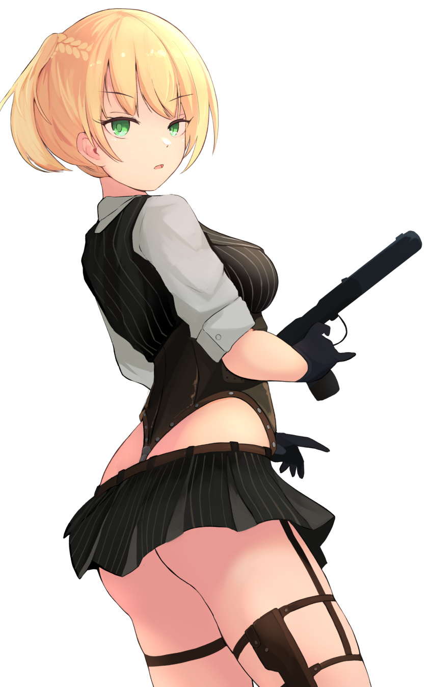 1girl ass b6 black_gloves blonde_hair braid breasts crown_braid girls_frontline gloves green_eyes highres holster looking_at_viewer medium_breasts parted_lips shirt side_ponytail solo thigh_holster thighs welrod_mk2 welrod_mkii_(girls'_frontline) white_background white_shirt