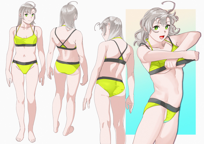 1girl absurdres antenna_hair bangs barefoot bikini bikini_lift breasts closed_mouth clothes_lift full_body green_eyes grey_hair highres kantai_collection kinugasa_(kancolle) lifted_by_self long_hair medium_breasts multiple_views ojipon open_mouth simple_background smile standing swimsuit under_boob