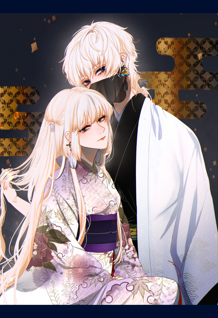 1boy 1girl absurdres blonde_hair earrings egasumi eyebrows_visible_through_hair floral_print hand_in_another's_hair highres japanese_clothes jewelry kimono long_hair looking_at_viewer mask original shihou_no_suke sitting violet_eyes wide_sleeves