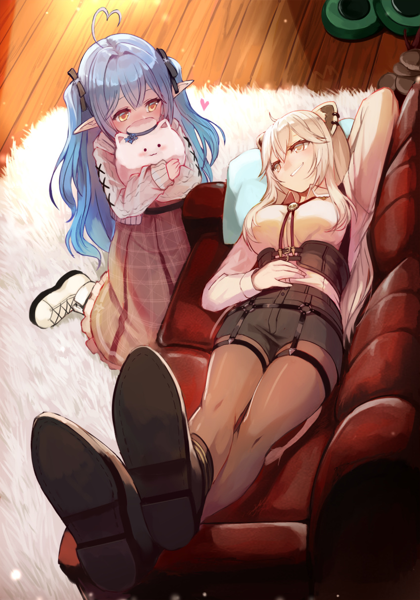 2girls ahoge animal_ear_fluff animal_ears arm_up bangs beret black_footwear black_shorts blue_hair boots breasts brown_eyes brown_legwear brown_skirt collared_shirt commentary_request couch covered_mouth crossed_legs ear_piercing eye_contact eyebrows_visible_through_hair grin hair_between_eyes hat heart heart_ahoge highres hololive hug indoors legwear_under_shorts lion_ears lion_girl lion_tail long_hair looking_at_another lying medium_breasts multiple_girls on_back on_couch pantyhose piercing pleated_skirt pointy_ears shirt shishiro_botan shoe_soles short_shorts shorts sitting skirt smile sue_(bg-bros) sweater tail two_side_up very_long_hair virtual_youtuber wariza white_footwear white_hair white_headwear white_shirt white_sweater wooden_floor yukihana_lamy