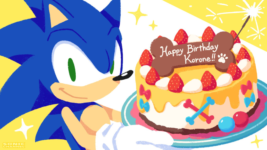 absurdres birthday_cake blue_fur bone cake candle english_text food fruit green_eyes happy_birthday hedgehog highres hololive looking_at_viewer no_humans official_art smile solo sonic_(series) sonic_the_hedgehog strawberry