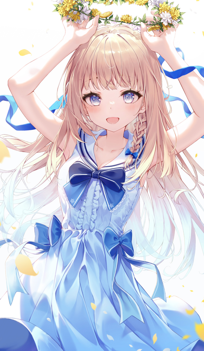 1girl :d absurdres bare_arms blonde_hair blue_bow blue_ribbon blue_shirt blue_skirt blush bow bowtie center_opening collarbone commentary_request flower head_wreath head_wreath_removed highres holding keis_(locrian1357) long_hair open_mouth original petals ribbon sailor_collar shirt simple_background skirt sleeveless sleeveless_shirt smile solo white_background white_flower white_sailor_collar yellow_flower