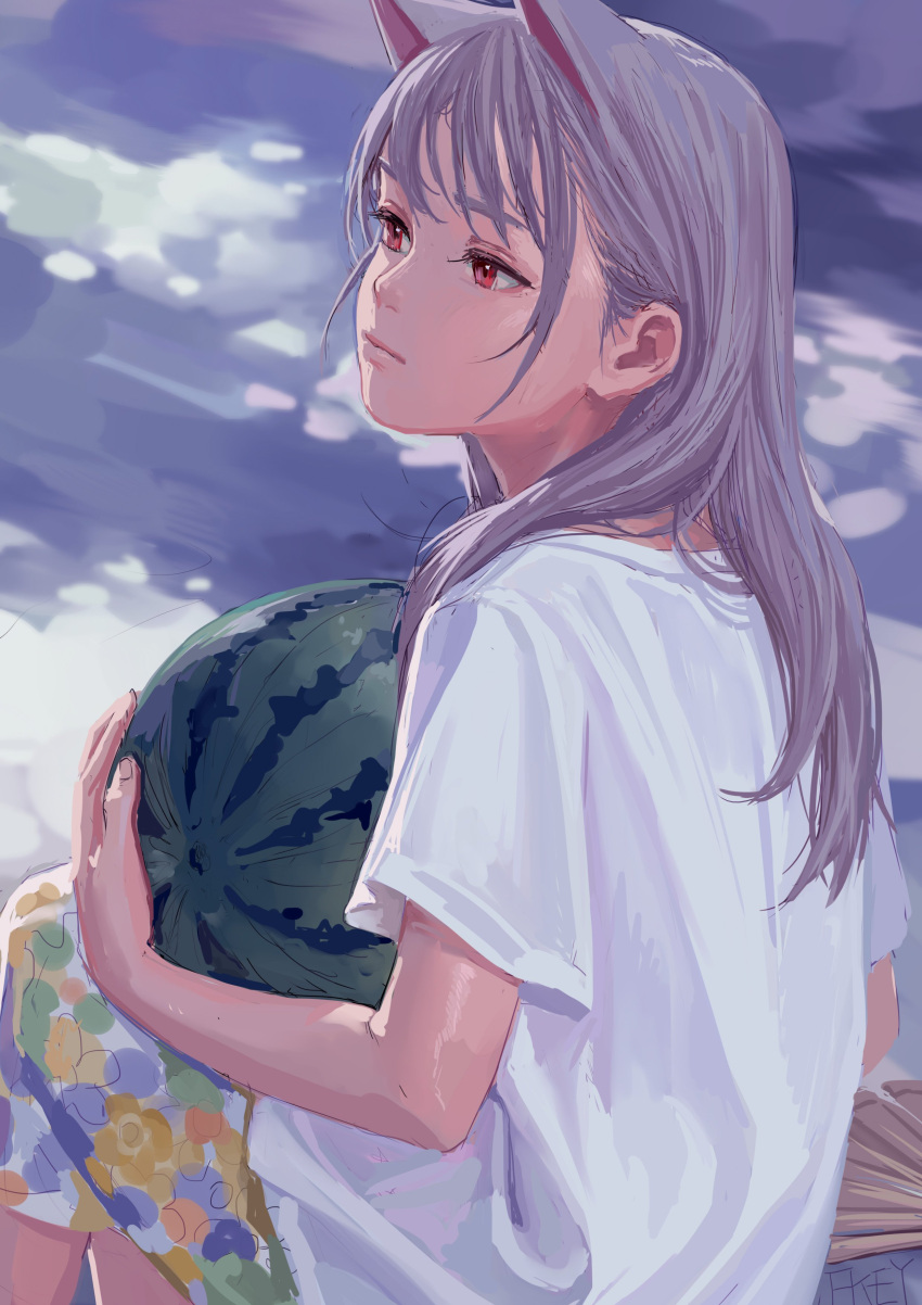 1girl absurdres animal_ears artist_name bangs cat_ears extra_ears feet_out_of_frame feiqizi_(fkey) fkey floral_print food fruit highres holding holding_food holding_fruit holding_watermelon long_hair original red_eyes shirt short_sleeves sidelocks signature silver_hair sitting skirt solo watermelon white_shirt
