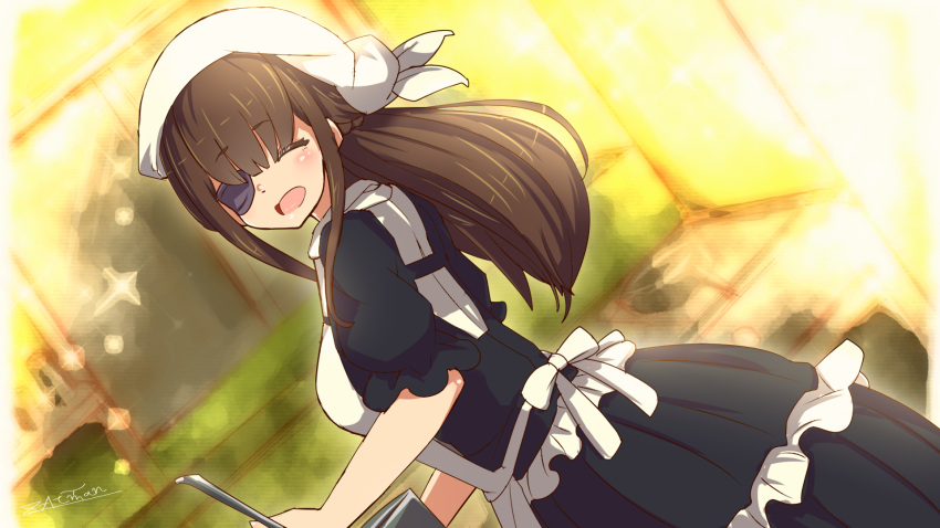1girl :d apron artist_name black_dress blurry blurry_background blush brown_hair character_request cooking dress eyepatch facing_viewer highres indoors long_hair nagai_gojitsudan_no_nechronica open_mouth pot short_sleeves smile solo white_headwear zetamanas_atman