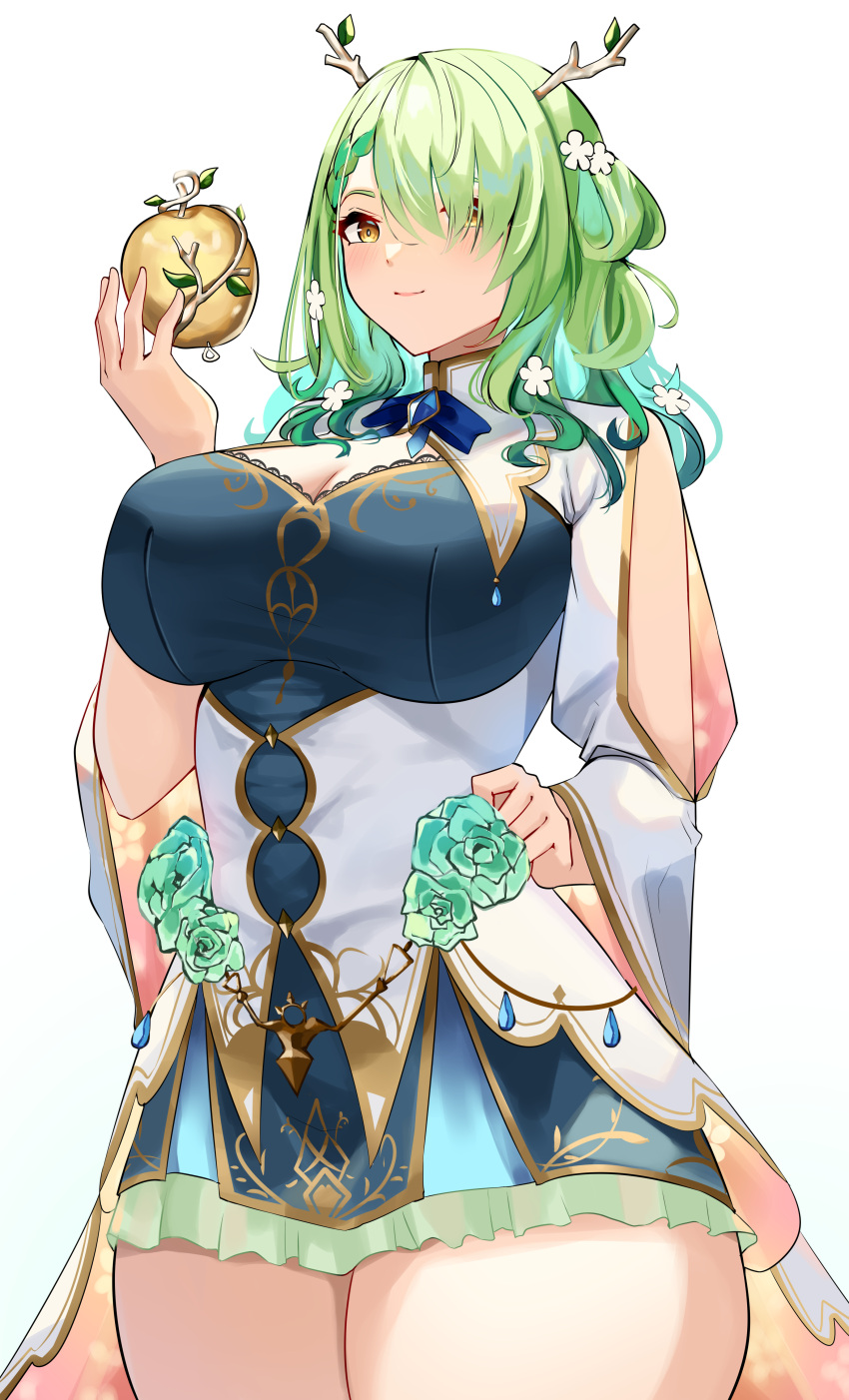 absurdres antlers apple breasts ceres_fauna cleavage_cutout clothing_cutout cromwellb dress fake_antlers flower food fruit golden_apple green_dress green_flower green_hair hair_flower hair_ornament hair_over_one_eye highres hololive hololive_english large_breasts sticks thighs virtual_youtuber white_background white_flower yellow_eyes