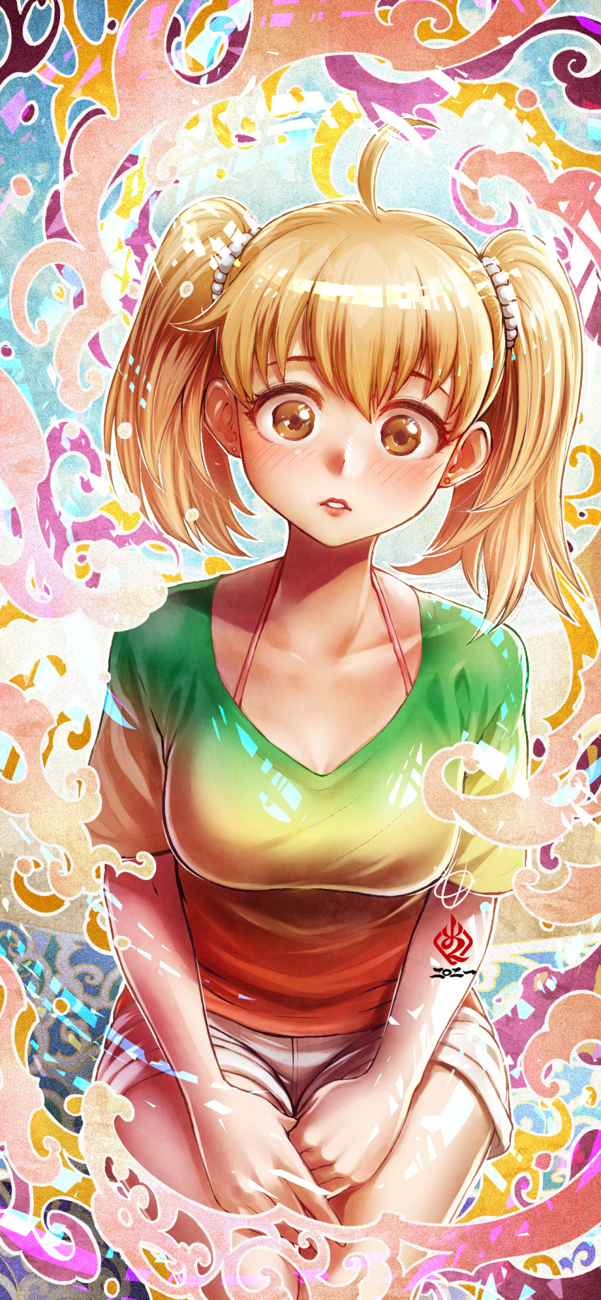 1girl absurdres amaguchi_chiyoko artist_logo artist_name bangs blonde_hair blush casual gradient_shirt green_shirt hands_together highres ijiranaide_nagatoro-san looking_at_viewer medium_hair multicolored multicolored_background pearl_hair_ornament red_shirt shirt short_twintails shorts sitting solo strap tied_hair twintails v-neck yellow_eyes yellow_shirt yoshi_(nagatoro)