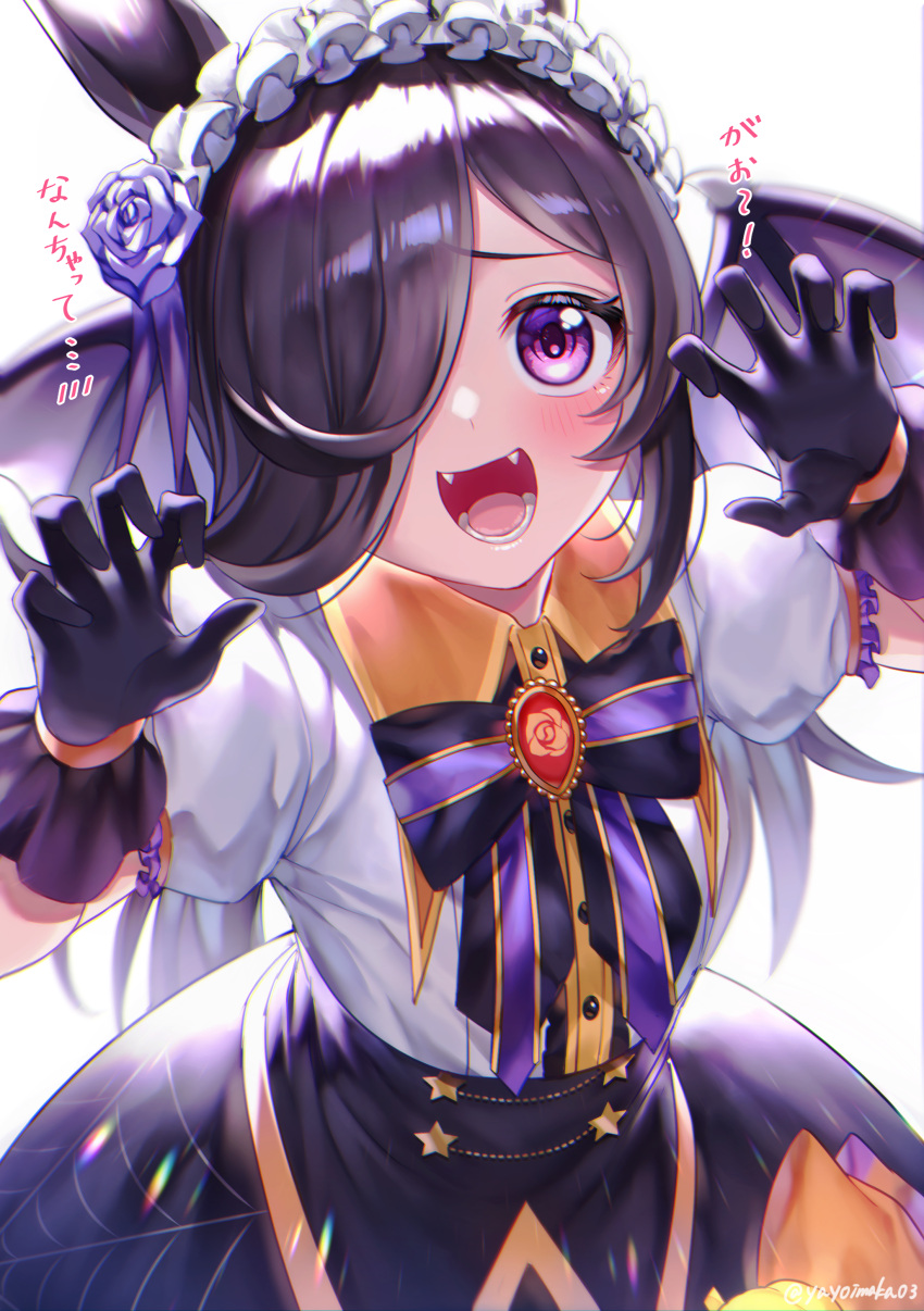 1girl :d absurdres animal_ears bangs bat_wings black_bow black_gloves black_hair black_skirt blush bow bowtie claw_pose collared_shirt commentary_request eyebrows_visible_through_hair fangs flower frilled_hairband frills gloves hair_over_one_eye hairband highres horse_ears horse_girl long_hair looking_at_viewer open_mouth puffy_short_sleeves puffy_sleeves purple_flower rice_shower_(umamusume) shirt short_sleeves skirt smile solo translation_request umamusume violet_eyes white_shirt wings yayoi_maka