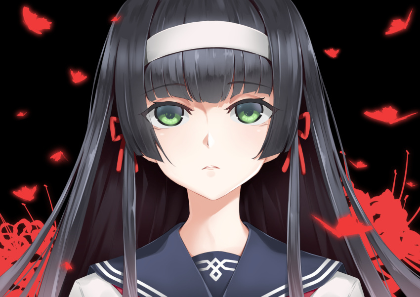 1girl bangs bishoujo_mangekyou bitterpain black_background black_hair blunt_bangs bug butterfly eyebrows_visible_through_hair green_eyes hairband looking_at_viewer red_butterfly red_ribbon renge_(bishoujo_mangekyou) ribbon school_uniform shirt solo white_hairband