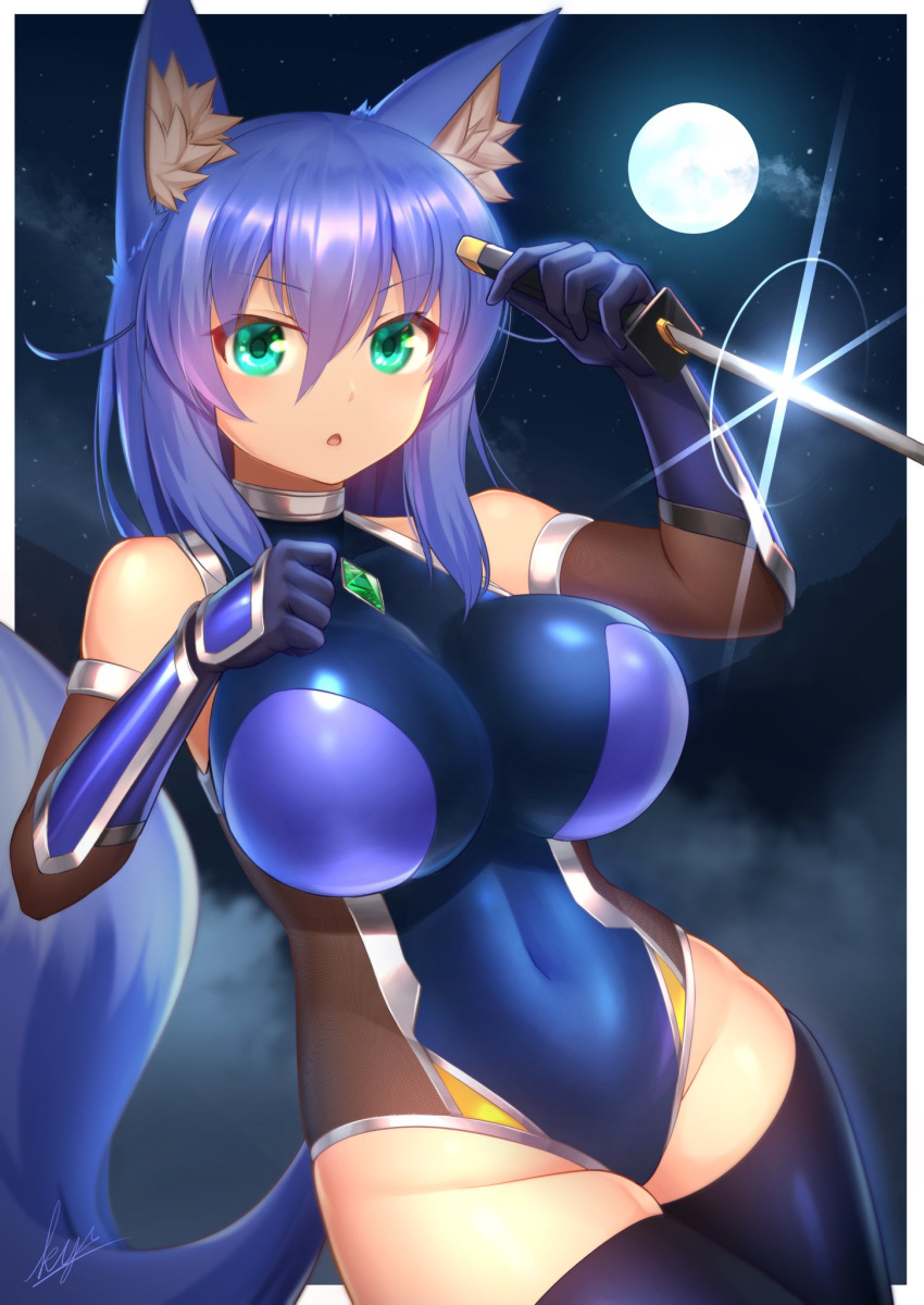 1girl animal_ears blue_gloves blue_hair blue_leotard border breasts brooch clenched_hand covered_navel cowboy_shot elbow_gloves eyebrows_visible_through_hair fox_ears fox_girl fox_tail fuyubare_kiyo gloves green_eyes hair_between_eyes highres holding holding_sword holding_weapon impossible_clothes impossible_leotard jewelry kyu_(wein-seria) large_breasts leotard long_hair looking_at_viewer moon night open_mouth original outdoors solo sword tail thighs v-shaped_eyebrows weapon white_border