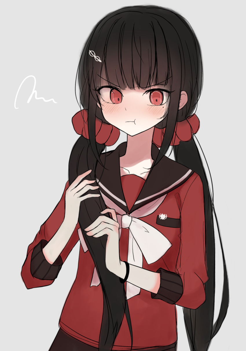 1girl bangs black_hair black_sailor_collar blush breast_pocket collarbone commentary_request danganronpa_(series) danganronpa_v3:_killing_harmony grey_background hair_ornament hairclip harukawa_maki highres holding holding_hair long_hair long_sleeves looking_at_viewer mole mole_under_eye pocket pout red_eyes red_scrunchie revision ririo_(mitsumatario) sailor_collar school_uniform scrunchie shirt signature simple_background sketch twintails