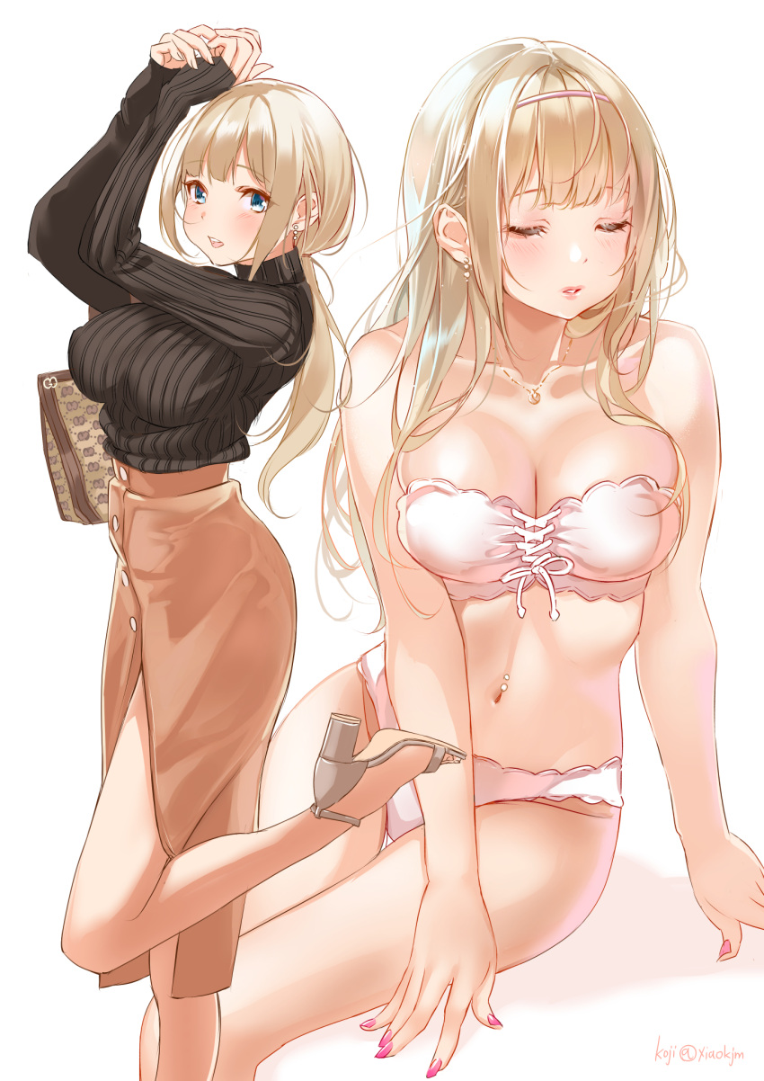 1girl :d bag bangs bare_arms bare_shoulders black_sweater blue_eyes blunt_bangs blush bra breasts closed_eyes cross-laced_bra earrings feet_up handbag headband high_heels highres jewelry koji_(kojikojimdw) large_breasts light_brown_hair long_skirt long_sleeves looking_at_viewer medium_breasts multiple_views nail_polish navel navel_piercing necklace open_mouth orange_skirt original panties parted_lips piercing pink_bra pink_panties ponytail ribbed_sweater shirt_tucked_in side_slit sidelocks simple_background sitting skirt smile strapless strapless_bra sweater toeless_footwear turtleneck turtleneck_sweater underwear white_background white_footwear