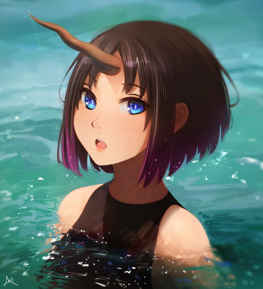 1girl :d absurdres blue_eyes brown_hair elma_(maidragon) gradient hanr10 highres horns kobayashi-san_chi_no_maidragon open_mouth purple_hair single_horn smile solo swimsuit water