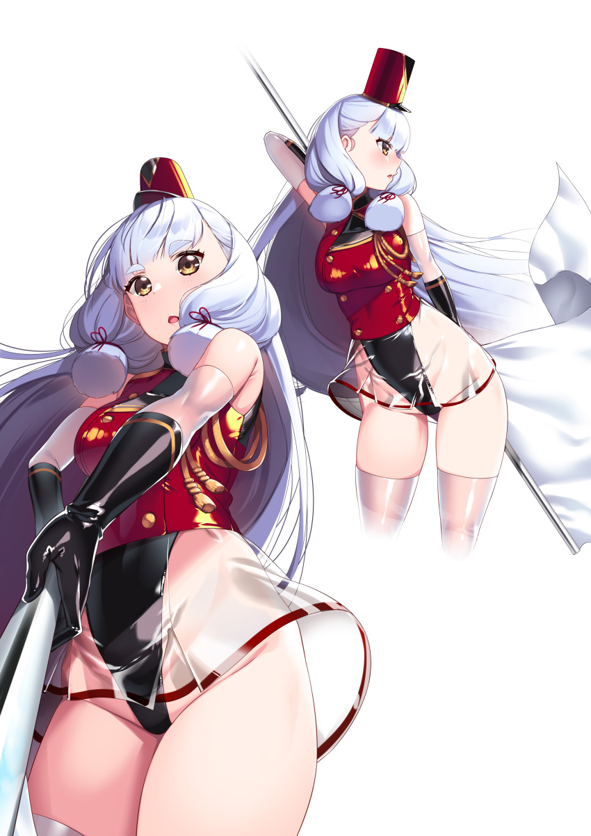 1girl absurdres band_uniform bangs black_leotard blunt_bangs covered_navel cowboy_shot elbow_gloves flag flagpole gloves hair_ribbon hat hiememiko highleg highleg_leotard highres holding holding_flag kantai_collection leotard long_hair looking_at_viewer marching_band multiple_views murakumo_(kancolle) orange_eyes red_uniform ribbon see-through_skirt shako_cap short_eyebrows sidelocks silver_hair skirt solo thigh-highs thong_leotard tress_ribbon white_flag