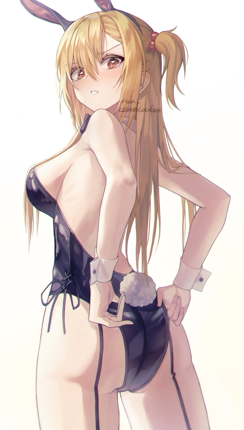 1girl absurdres adjusting_clothes animal_ears ass bare_shoulders black_hairband black_leotard blonde_hair blush breasts clenched_teeth commentary commission embarrassed fake_animal_ears fake_tail from_behind garter_straps hairband han_seol highres leotard long_hair looking_at_viewer looking_back medium_breasts one_side_up orange_eyes parted_lips playboy_bunny rabbit_ears sideboob solo tail tearing_up tears teeth wrist_cuffs