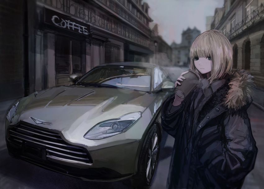 1girl aston_martin aston_martin_db11 bangs black_jacket blonde_hair blurry bob_cut breath car city closed_mouth coffee coffee_cup coffee_shop commentary_request cowboy_shot cup day depth_of_field disposable_cup fur-trimmed_jacket fur_trim grey_eyes ground_vehicle hand_in_pocket hand_up hashimoto_kokai highres holding holding_cup jacket looking_at_viewer medium_hair motor_vehicle original outdoors perspective reflection road shop sign solo street