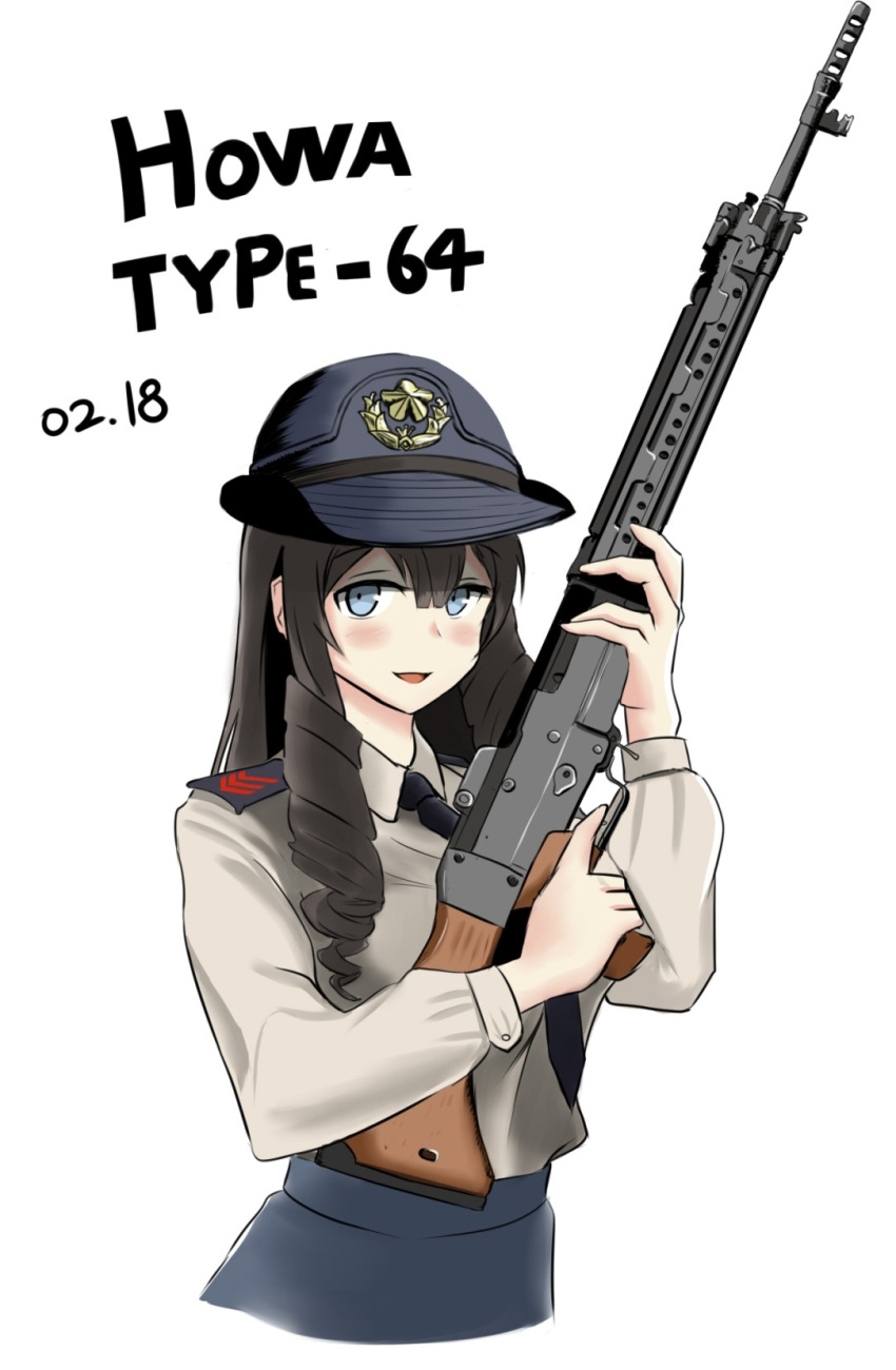 1girl battle_rifle black_hair black_neckwear blue_headwear blue_skirt blush brown_shirt character_name dated doldoriaa drill_locks eyebrows_visible_through_hair girls_frontline gun hat highres holding holding_gun holding_weapon howa_type_64 howa_type_64_(girls'_frontline) light_blue_eyes long_hair looking_at_viewer necktie open_mouth police police_hat police_uniform policewoman rifle shirt skirt solo uniform upper_body weapon white_background