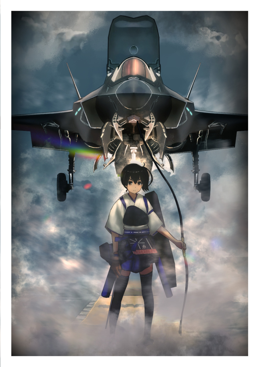 1girl aircraft airplane apron black_legwear blue_hakama bow_(weapon) brown_eyes brown_hair f-35_lightning_ii fighter_jet flight_deck gloves hakama hakama_short_skirt hakama_skirt highres holding holding_bow_(weapon) holding_weapon japanese_clothes jet kaga_(kancolle) kantai_collection long_hair military military_vehicle muneate partially_fingerless_gloves quiver short_sidetail side_ponytail single_glove skirt solo tasuki thigh-highs timmyyen weapon yugake yumi_(bow)