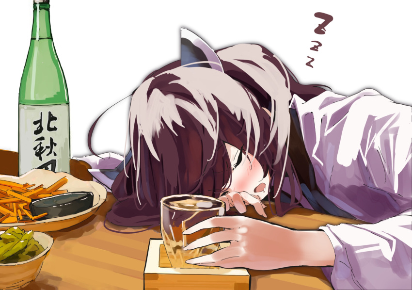 1girl alcohol blush bottle brown_hair closed_eyes commentary_request cup drinking_glass food headgear holding holding_cup japanese_clothes kimono lamb_(hitsujiniku) long_sleeves open_mouth sake sake_bottle simple_background sleeping solo touhoku_kiritan upper_body voiceroid white_background white_kimono wide_sleeves zzz