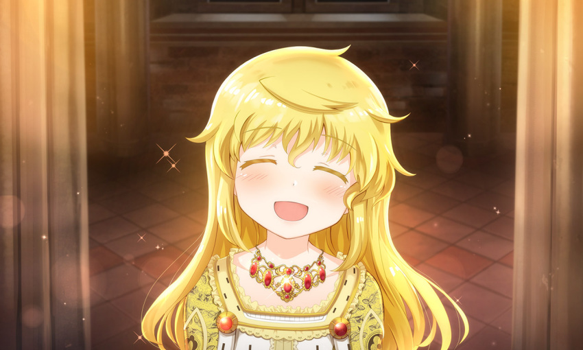 1girl ahoge bangs blonde_hair blush castle closed_eyes colored_eyelashes gem happy indoors isabeau_de_baviere jewelry light_particles long_hair magia_record:_mahou_shoujo_madoka_magica_gaiden mahou_shoujo_madoka_magica mahou_shoujo_tart_magica messy_hair necklace official_art open_mouth parted_lips pattern_request queen royal_robe sidelocks smile solo sparkle upper_body younger