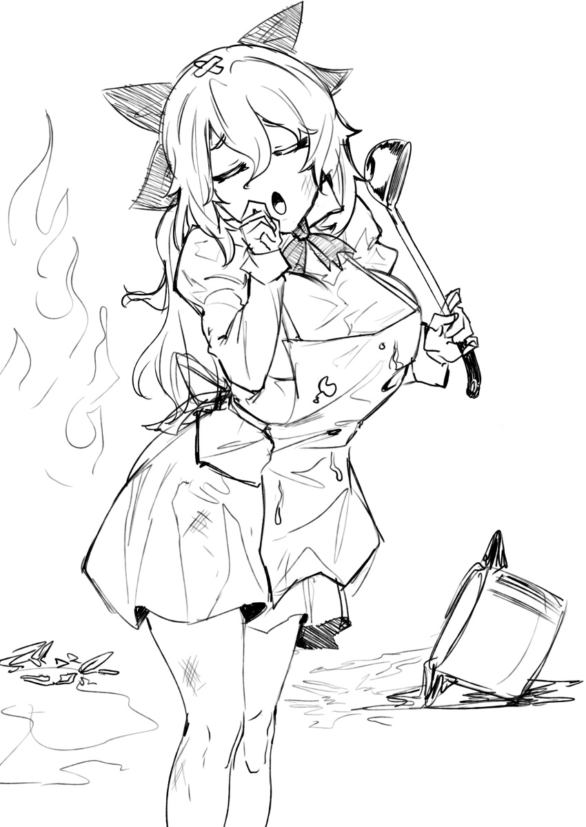 1girl :o absurdres apron bandaid bow breasts broken closed_eyes dirty dirty_clothes drawfag fire hair_bow hand_up highres holding holding_ladle katawa_shoujo ladle large_breasts leaning_forward long_hair long_sleeves monochrome pot puffy_long_sleeves puffy_sleeves satou_lilly solo