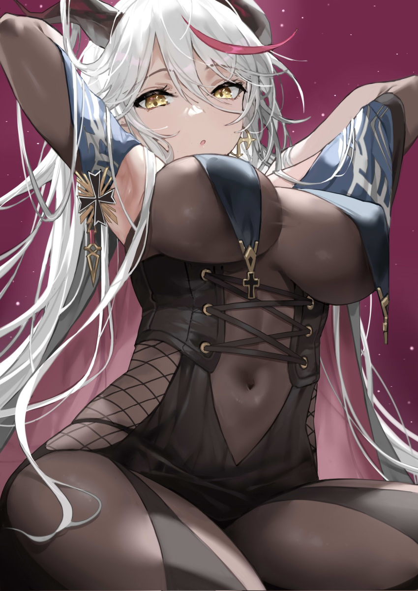 1girl aegir_(azur_lane) armpits arms_up azur_lane bodystocking breast_curtains breasts denchu_(kazudentyu) hair_on_horn highres horns kneeling large_breasts navel revision see-through see-through_shirt thick_thighs thighs under_boob white_hair yellow_eyes