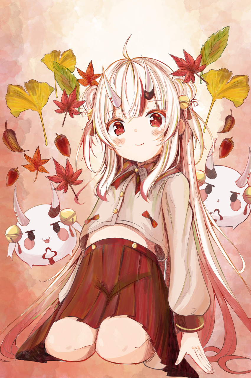 1girl absurdres acorn ahoge autumn_leaves bell bow double_bun hair_between_eyes hair_ornament highres hololive horns jingle_bell loli long_hair long_sleeves maikro midriff_peek multicolored_hair nakiri_ayame oni oni_horns poyoyo_(nakiri_ayame) red_bow red_eyes redhead seiza single_horn sitting smile solo streaked_hair two-tone_hair virtual_youtuber white_hair