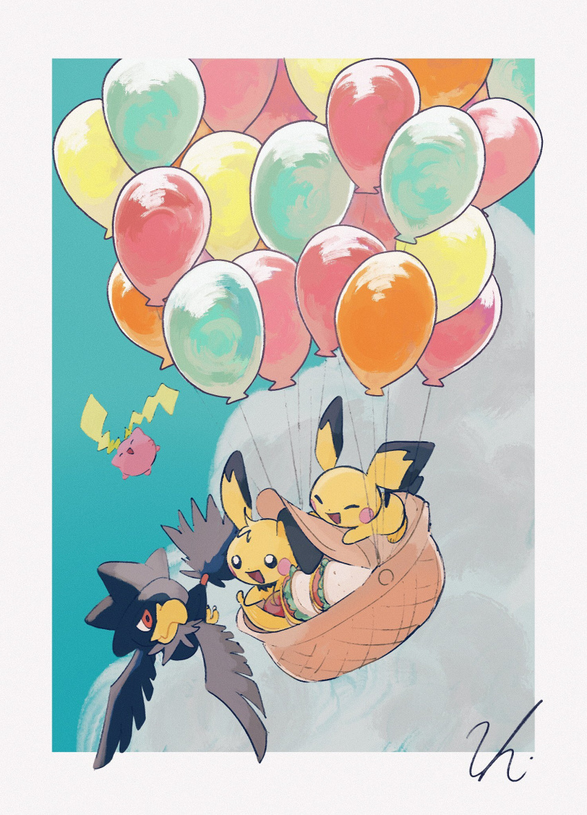 :d balloon bird black_eyes border closed_mouth commentary_request flying food highres hoppip murkrow no_humans open_mouth pichu picnic_basket pokemon pokemon_(creature) signature smile string tongue unitacowow white_border