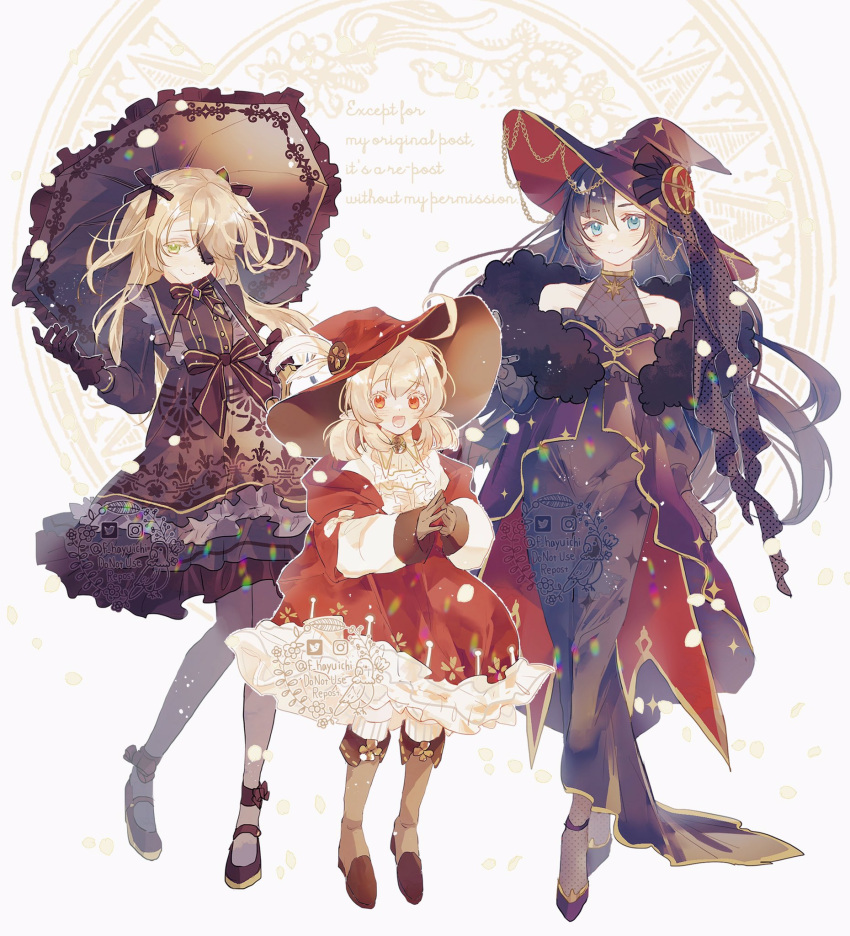 3girls :d adapted_costume bangs black_gloves black_legwear black_ribbon blonde_hair blue_eyes blush bodysuit boots breasts brown_footwear collarbone dress eel english_commentary eyebrows_visible_through_hair eyepatch f_hayuichi fischl_(genshin_impact) frilled_dress frilled_sleeves frills fur_trim genshin_impact gloves green_eyes hair_between_eyes hair_ribbon hat highres holding holding_umbrella klee_(genshin_impact) knee_boots lace_trim long_hair long_sleeves low_twintails medium_breasts medium_hair mona_(genshin_impact) multiple_girls open_mouth pointy_ears purple_dress purple_headwear red_dress red_eyes red_headwear ribbon short_hair simple_background smile standing steepled_fingers thigh-highs thighlet twintails twitter_username two_side_up umbrella white_background witch_hat