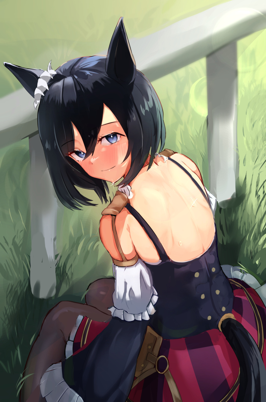 1girl animal_ears back bangs bare_shoulders black_hair black_legwear blue_eyes blush closed_mouth clothing_cutout colored_stripes day eishin_flash_(umamusume) eyebrows_visible_through_hair frilled_skirt frilled_sleeves frills from_behind grass hair_between_eyes highres horse_ears horse_girl horse_tail looking_at_viewer looking_back on_grass on_ground outdoors pantyhose ponytail short_hair shoulder_blades sitting skirt smile solo solokitsune sparkle striped sweat tail tail_cutout umamusume vertical-striped_skirt vertical_stripes