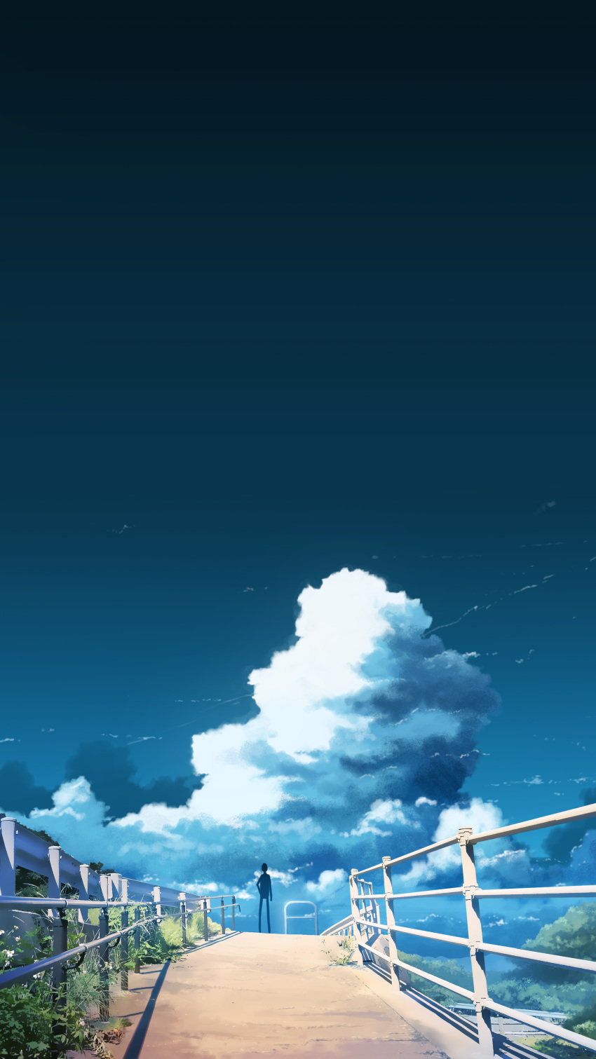 1boy absurdres arms_at_sides blue_sky clouds commentary_request cumulonimbus_cloud day gradient_sky grass hati_98 highres original plant railing scenery silhouette sky solo standing tree wide_shot