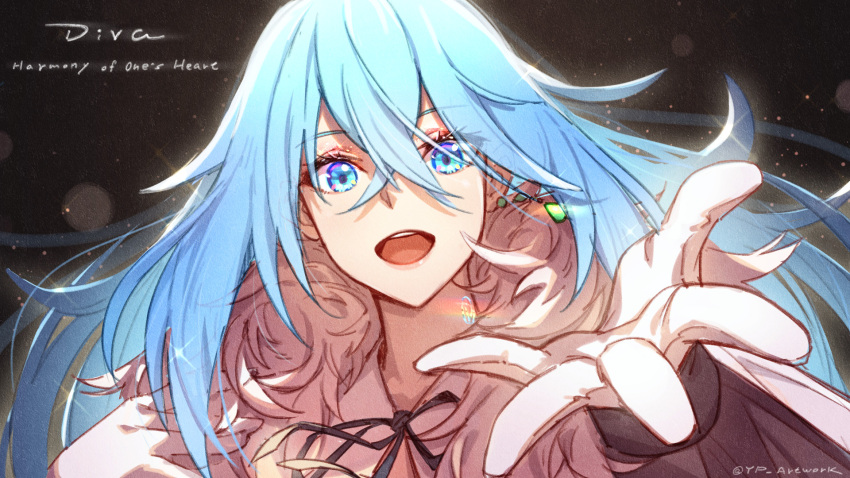 ahoge blue_eyes blue_hair earrings fur_trim gloves hair_between_eyes highres jewelry looking_at_viewer neck_ribbon open_mouth outstretched_arm outstretched_hand reaching_out ribbon single_earring smile solo upper_teeth vivy vivy:_fluorite_eye's_song white_gloves yellowpaint.