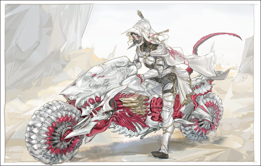 1girl armor blonde_hair cape chain chainmail goggles goggles_on_head ground_vehicle helmet highres jewelry mask motor_vehicle motorcycle nslacka on_motorcycle original outdoors pale_skin pendant red_eyes sword tagme weapon